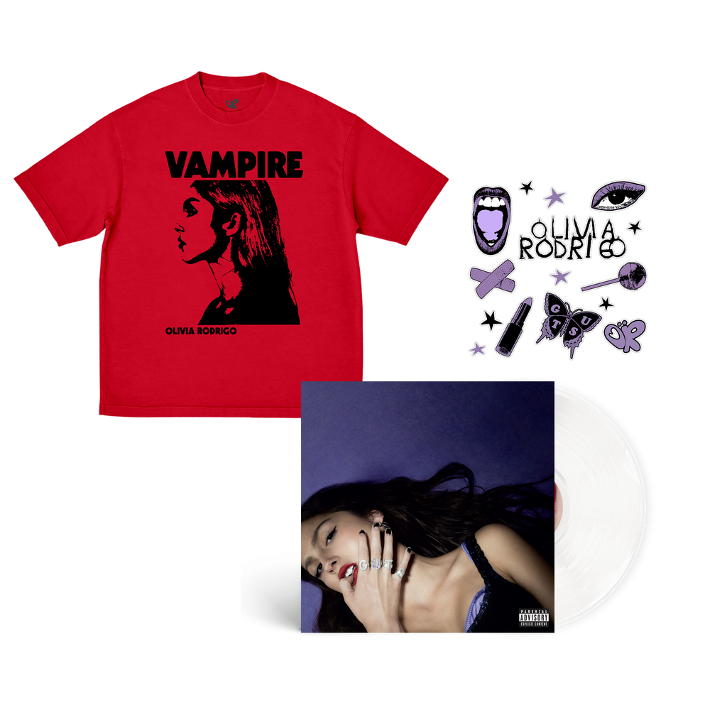 GUTS white vinyl - exclusive + vampire t-shirt + sticker sheet - Olivia Rodrigo - musicstation.be